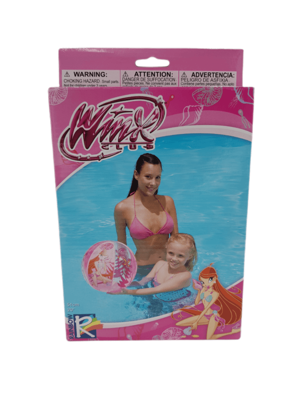 Child playing in the water with the Winx club beach ball